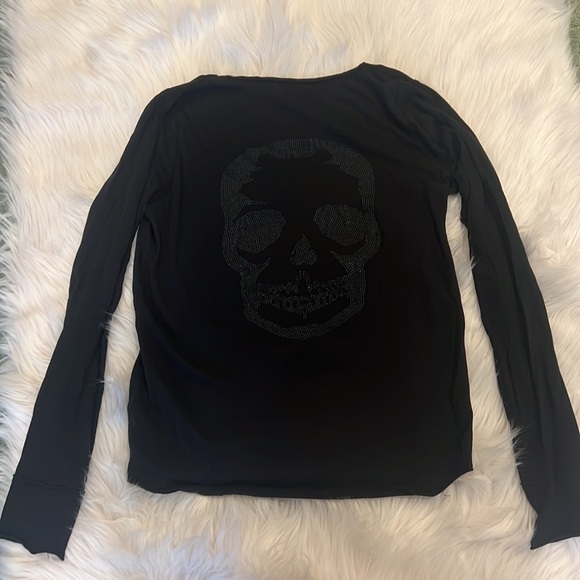 ZADIG & VOLTAIRE Black cotton Henley with matte black rhinestud skull on back S - Picture 4 of 8